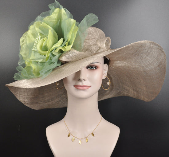 Taupe w Green Jumbo Silk Flower, Kentucky Derby hat, Church hat, Wedding hat, Tea Party hat , Floppy Wide Brim Sinamay Dress Hat