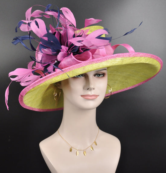 Church  Kentucky Derby Hat Carriage Tea Party Wedding Wide Brim Woman’s Royal Ascot Hat in Solid Sinamay Hat Lime Green Navy blue w Hot Pink