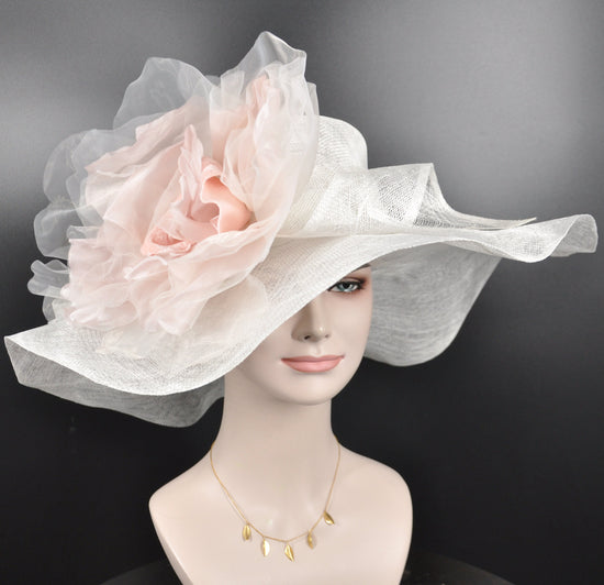 White w Blush Pink Jumbo Silk Flower, Kentucky Derby hat, Church hat, Wedding hat, Tea Party hat , Floppy Wide Brim Sinamay Dress Hat