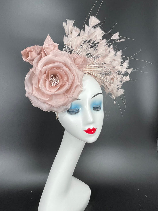 Blush/ Dusty Pink  Silk Flower with Goose and Rooster Feather Flowers Fascinator Hat  Made On A Same Color Headband