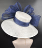 White w Navy Blue  Jumbo Bows Wide brim Sinamy Hat Kentucky Derby Hat ,Tea Party Carriage Party Easter Party Hat