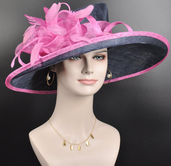 Church Kentucky Derby Hat Carriage Tea Party Wedding Wide Brim  Royal Ascot Hat in Solid Sinamay Hat  Navy Blue w Hot Pink