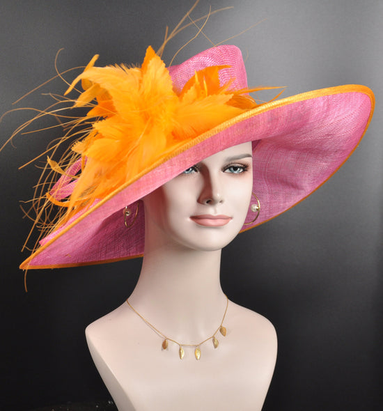 Hot Pink w Orange Feather Flower  Kentucky Derby Hat, Tea Party, Carriage Party, Easter Day Hat, Wide brim Sinamay Hat