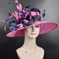Church  Kentucky Derby Hat Carriage Tea Party Wedding Wide Brim Woman’s Royal Ascot Hat in Solid Sinamay Hat Navy Blue w Hot Pink