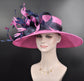 Church  Kentucky Derby Hat Carriage Tea Party Wedding Wide Brim Woman’s Royal Ascot Hat in Solid Sinamay Hat Navy Blue w Hot Pink