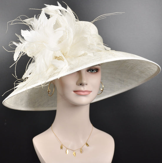 Ivory with  Feather Flowers  Kentucky Derby Hat Tea Party Carriage Party  Royal AscotWide Brim  Sinamay Hat