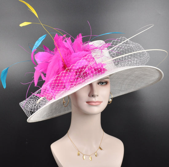 Royal Ascot Horse Race Oaks day Tea Party Wedding Kentucky Derby Hat Easter Day Wide Brim Sinamay Hat White Fuchsia Pink Teal Blue Yellow