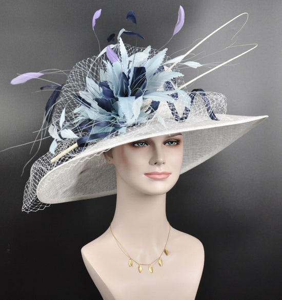 Wide Brim Sinamay Hat Church Kentucky Derby Hat Carriage Tea Party Wedding Hat White Navy Blue Powder Blue  Hat Oaks day hat Easter Day Hat