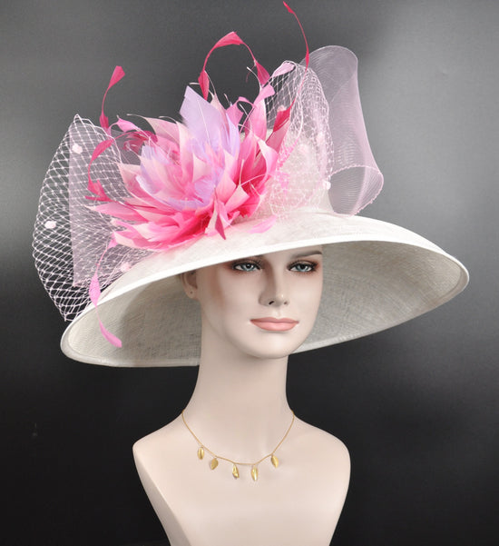 White w Fuchsia Hot Pink and Pink Lavender  Feather Flower Kentucky Derby Hat Tea Party Carriage Party  Royal Ascot Wide Brim Sinamay Hat