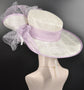 White w Lavender  Kentucky Derby Hat, Tea Party Carriage Party 17.5  Inches  Wide Brim  Sinamay Hat