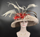 Taupe Red Black Wide Brim Sinamay Hat Church Kentucky Derby Hat Carriage Tea Party Wedding  Ostrich Pheasant  Feather Flower