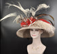 Taupe Red Black Wide Brim Sinamay Hat Church Kentucky Derby Hat Carriage Tea Party Wedding  Ostrich Pheasant  Feather Flower