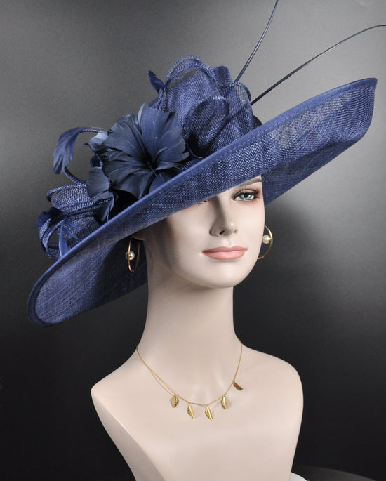 Church Kentucky Derby Carriage Tea Party Wedding Wide Brim  Royal Ascot Horse Race Oaks day hat Navy Blue