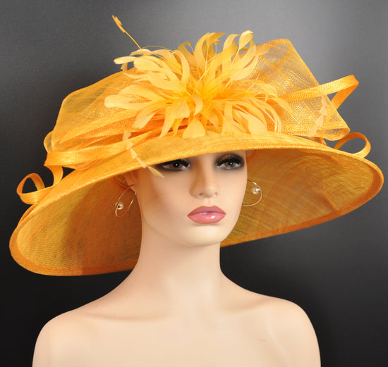 Church Kentucky Derby Hat Carriage Tea Party Wedding  With Jumbo Feather Flower and Bows Orange