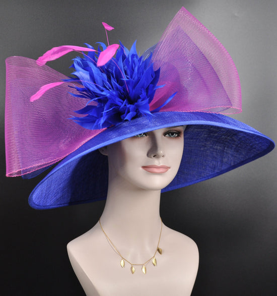 Church Kentucky Derby Hat Carriage Tea Party Wedding Wide Brim  Royal Ascot Hat in Solid Sinamay Hat Royal Blue w Hot Pink