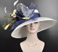 Church Kentucky Derby Hat Wide Brim Sinamay Hat  Carriage Tea Party Wedding  White with Navy Blue Peach Yellow Peacock Feathers