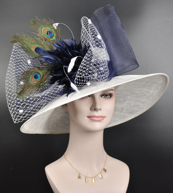 Church Kentucky Derby HatCarriage Tea Party Wedding Wide Brim  Royal Ascot Hat in Solid Sinamay Hat White w Navy Blue