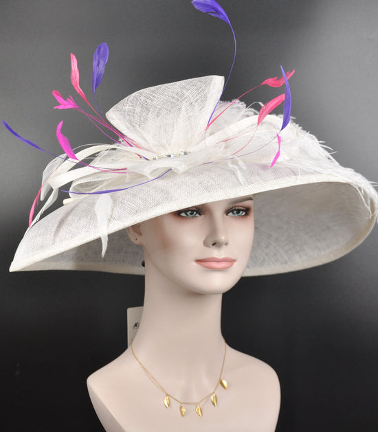 White Purple Fuchsia Pink Lavender Wide Brim Sinamay Hat, Church,Kentucky Derby Hat, Carriage Tea Party Wedding Sinamay Bow Ostrich Feather