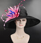 Black w Fuchsia Hot Pink Pink Royal  Feather Flower Kentucky Derby Hat Tea Party Carriage Party  Royal Ascot Wide Brim Sinamay Hat