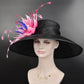 Black w Fuchsia Hot Pink Pink Royal  Feather Flower Kentucky Derby Hat Tea Party Carriage Party  Royal Ascot Wide Brim Sinamay Hat