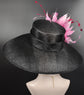 Black w Fuchsia Hot Pink Pink Royal  Feather Flower Kentucky Derby Hat Tea Party Carriage Party  Royal Ascot Wide Brim Sinamay Hat