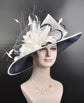 Navy Blue w White Feather Flower Wide Brim Sinamay Kentucky Derby Hat Tea Party Carriage Party