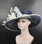 Navy Blue w White Feather Flower Wide Brim Sinamay Kentucky Derby Hat Tea Party Carriage Party