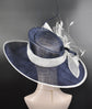 Navy Blue w White Feather Flower Wide Brim Sinamay Kentucky Derby Hat Tea Party Carriage Party