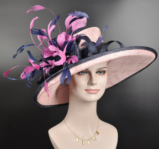 Church  Kentucky Derby Hat Carriage Tea Party Wedding Wide Brim Woman’s Royal Ascot Hat in Solid Sinamay Hat Blush Pink Navy blue Hot Pink