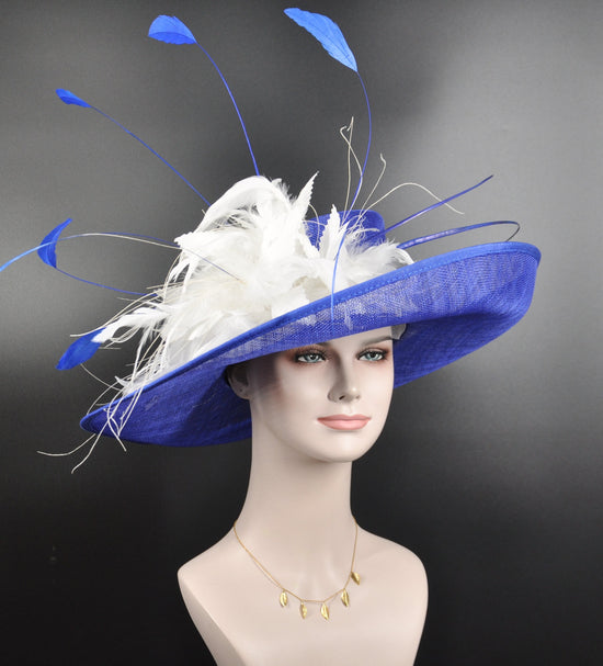 Royal Blue with White Feather Flowers  Kentucky Derby Hat ,Tea Party Carriage Party  Royal Ascot Wide Brim  Sinamay Hat Upturned Brim