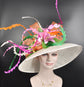 Church Kentucky Derby Hat Carriage Tea Party Wedding Wide Brim Sinamay Hat Off White /Orange Green Pink Hot Pink Lily Flower