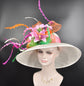 Church Kentucky Derby Hat Carriage Tea Party Wedding Wide Brim Sinamay Hat Off White /Orange Green Pink Hot Pink Lily Flower