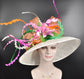 Church Kentucky Derby Hat Carriage Tea Party Wedding Wide Brim Sinamay Hat Off White /Orange Green Pink Hot Pink Lily Flower