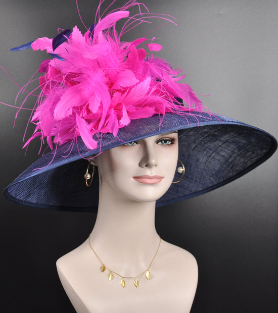 Navy Blue with Hot Pink  Feather Flowers  Kentucky Derby,Tea Party Carriage Party  Royal AscotWide Brim  Sinamay Hat