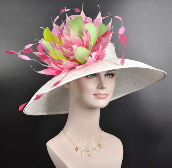 White w Fuchsia Hot Pink and Pink Lime Green Yellow Feather Flower Kentucky Derby Hat Tea Party Carriage Party  Wide Brim Sinamay Hat