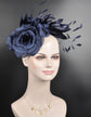 Navy Blue  Silk Flower with Goose and Rooster Feather Flowers Fascinator Hat  Made On A Same Color Headband