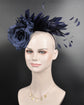 Navy Blue  Silk Flower with Goose and Rooster Feather Flowers Fascinator Hat  Made On A Same Color Headband