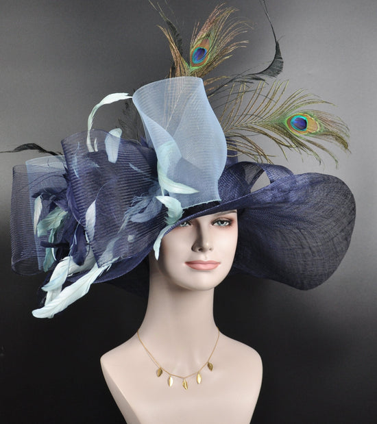 Navy Blue w Powder Blue Jumbo Bow and Feather Flowers Kentucky Derby Hat,  Tea Party Hat Wide Brim  Sinamay  Hat