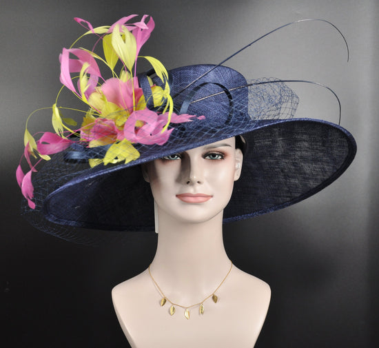 Wide Brim Sinamay Hat Church Kentucky Derby Hat Carriage Tea Party Wedding Hat Navy Blue White Lime Green Lavender Hot Pink  Oaks day hat