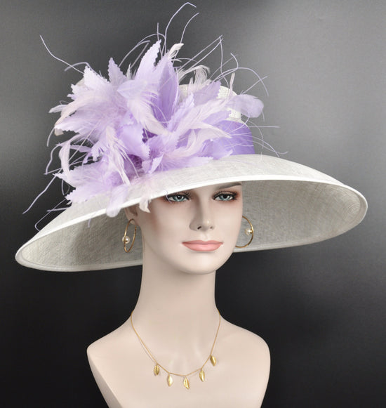 Church Kentucky Derby Hat Carriage Tea Party Wedding Wide Brim  Royal Ascot Hat in Solid Sinamay Hat White with Lavender