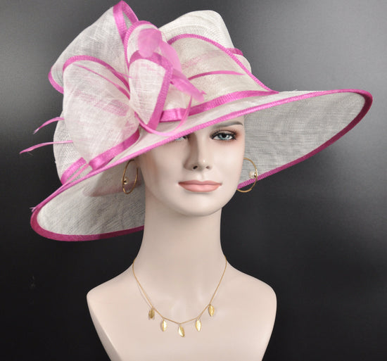 Church Kentucky Derby Hat Carriage Tea Party Wedding Wide Brim  Royal Ascot Hat in Solid Sinamay Hat White w Hot Pink