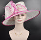 Church Kentucky Derby Hat Carriage Tea Party Wedding Wide Brim  Royal Ascot Hat in Solid Sinamay Hat White w Hot Pink