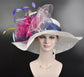 Church Kentucky Derby Hat Carriage Tea Party Wedding Wide Brim Sinamay Hat White with Colorful Feather Flower