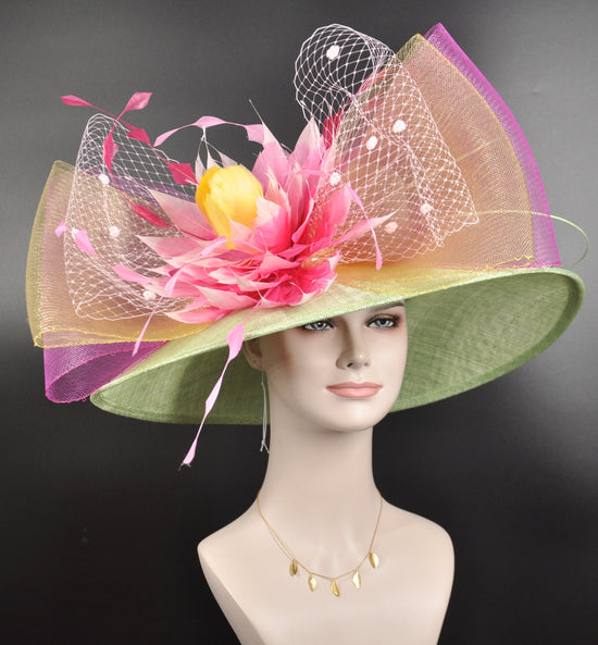 Church Kentucky Derby Hat Wide Brim Sinamay Hat Carriage Tea Party Wedding Green w Lemon Yellow Pink Hot Pink Fuchsia Flower