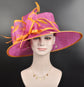 Church Kentucky Derby Hat Carriage Tea Party Wedding Wide Brim  Royal Ascot Hat in Solid Sinamay Hat Hot Pink w Orange