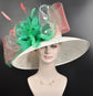 Ivory with  Coral Pink Kelly Green Feather Flowers  and Crin Kentucky Derby,Tea Party Carriage Party  Royal Ascot Wide Brim Sinamay Hat