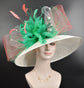 Ivory with  Coral Pink Kelly Green Feather Flowers  and Crin Kentucky Derby,Tea Party Carriage Party  Royal Ascot Wide Brim Sinamay Hat