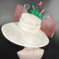 Ivory with  Coral Pink Kelly Green Feather Flowers  and Crin Kentucky Derby,Tea Party Carriage Party  Royal Ascot Wide Brim Sinamay Hat