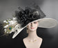 White w Black Royal Ascot Horse Race Oaks day hat Carriage Tea Party Wedding Kentucky Derby Hat Party Hat Wide Brim Sinamay Hat