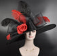 Black w Red Rose Flower Royal Ascot Horse Race Oaks day hat Carriage Tea Party Wedding Kentucky Derby Hat Party Hat Wide Brim Sinamay Hat